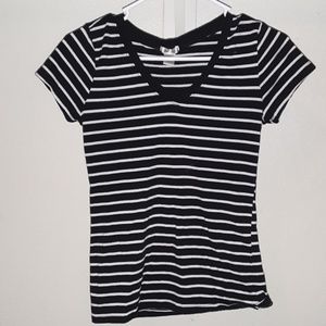 Black and white striped v-neck shirt